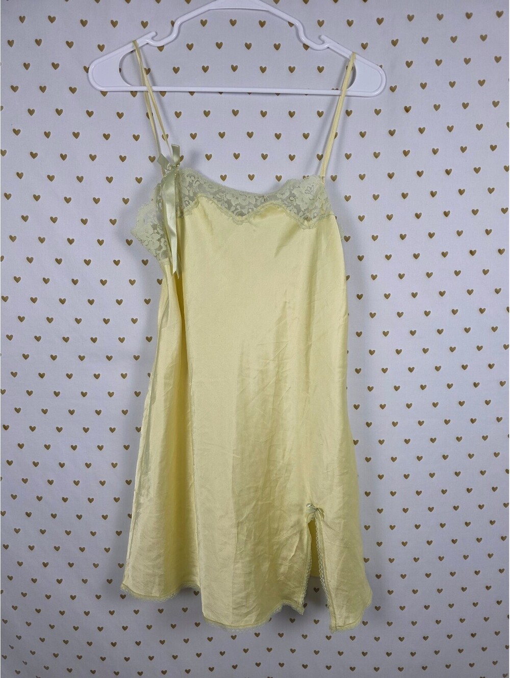 Women's Lace-Trim Satin Slip Dress in Pale Yellow